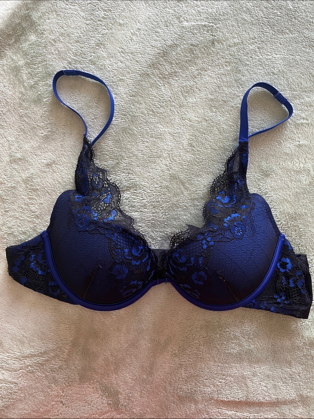 Sexy Blue and Black Lace Push-Up Bra, Ambrielle, 36B